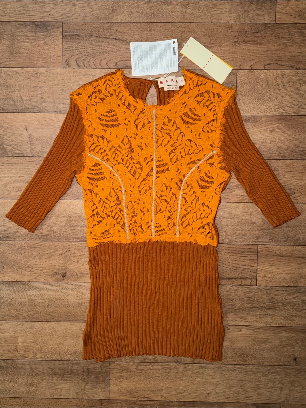 MARNI Size Italian 46 Corded Lace-Paneled Ribbed-Knit Top In Tan Gold Brown NWT